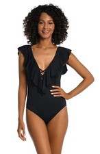 La Blanca Women's Island Goddess Shoulder Ruffle Plunge One Piece, Black Size 10
