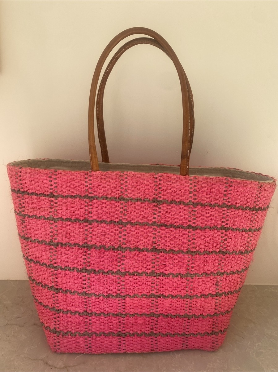 SheBoBo Straw Tote Market Beach Bag Pink Green Plaid Large 20 X 13