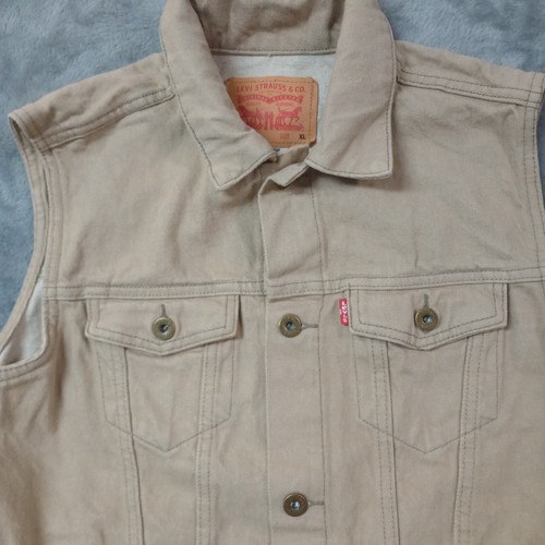 Levis Jean Vest Boys Unisex Kids XL 13-15 Tan Beige Denim Trucker Biker Retro - Picture 2 of 8