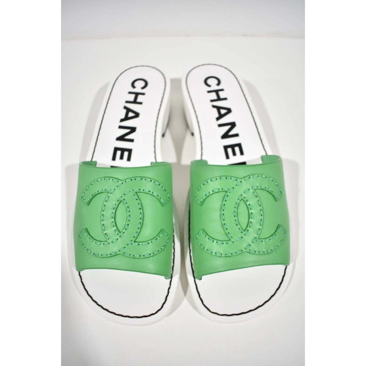 Chanel 22S Green Calfskin Leather White CC Logo Mules Slide Sandal