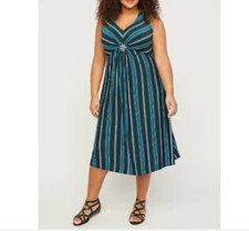 Catherines Plus Black Teal Stripe Medallion Twist Fit & Flare Dress 5X, 34/36W 