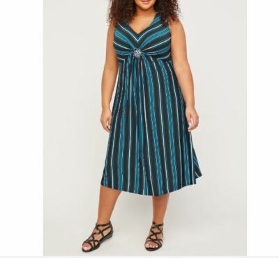 Catherines Plus Black Teal Stripe Medallion Twist Fit & Flare Dress 3X, 26/28W 