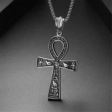 Mens Ancient Egyptian Ankh Cross Pendant Necklace Stainless Steel Chain 22"24"