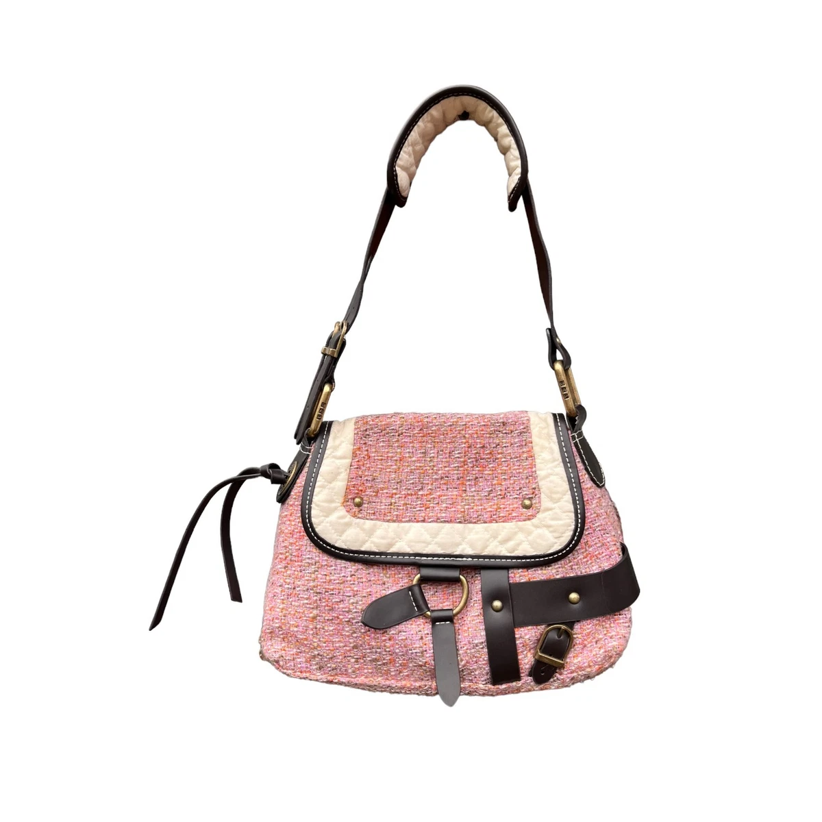 Vintage Y2K Gap Pink Tweed Shoulder Bag Chunky Buckles Camo Lining