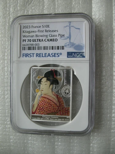 France 10 Euro 2023 Silver Proof Coin Kitagawa Woman Blowing Glass Pipe NGC PF70