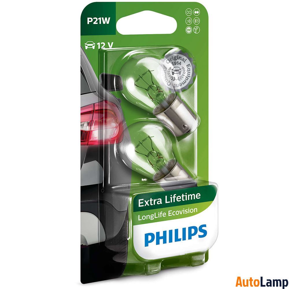 PHILIPS P21W LongLife EcoVision Indicator 12V 21W BA15s 12498LLECOB2 Twin