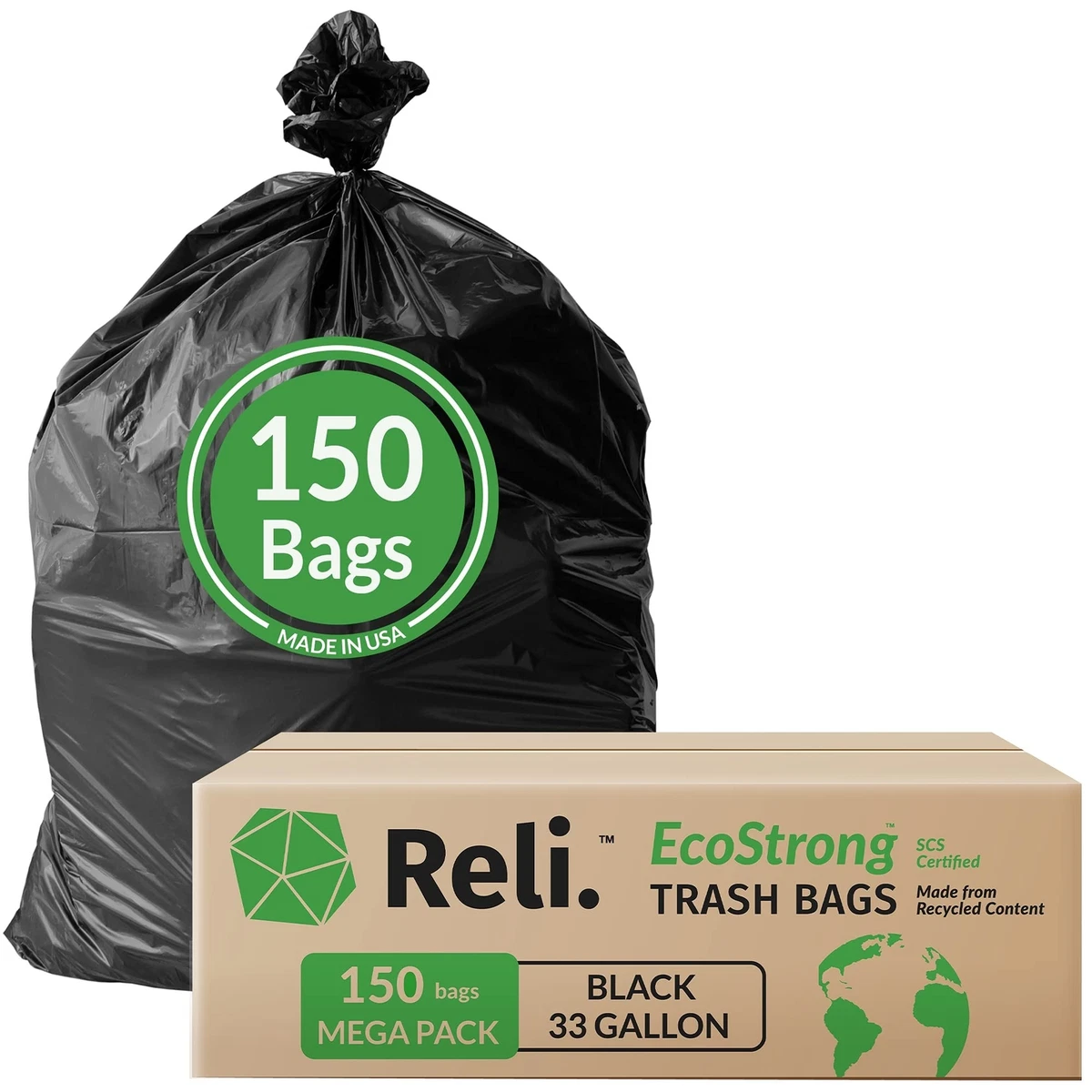 Reli. EcoStrong 33 Gallon Trash Bags, 150 Count Bulk, Black, Eco-Friendly