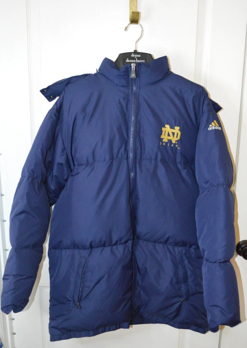 Adidas Notre Dame Puffer Coat Mid Length Navy Blue Removable Hood Size Medium