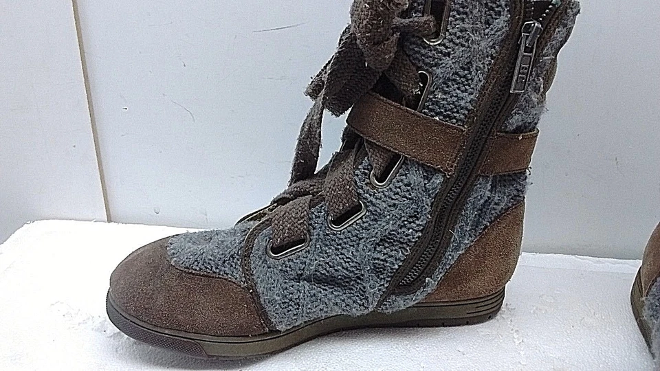 BC Calzado Marrón Cuero Tejido Parte Superior Alta Con Cordones Cremallera Zapatilla Bota Mujer Zapatos 8M 39 Foto 2 de 4