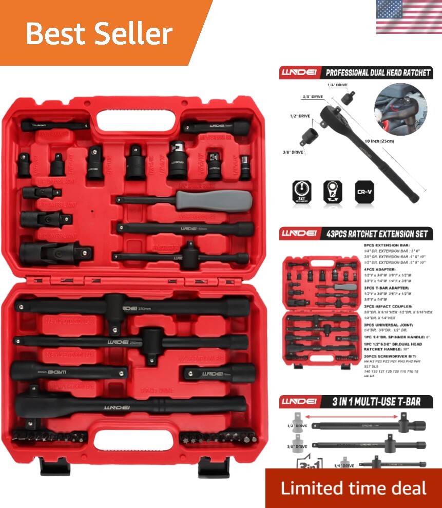43PCS Chrome Vanadium Socket Tool Set with Ratchets and Extensions