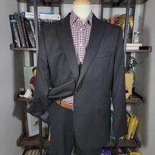 Stafford Men's Travel Suit Separate Charcoal Black Twill Poly Wool 46L Classic