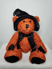 DANDEE Halloween Teddy Bear Orange Plush Witch Black Satin Bow Velvet Hat 12"