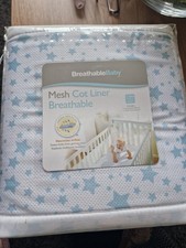 BNIB Breathable Mesh Cot Liner White, Blue Stars. Hypoallergenic, Washable, Safe