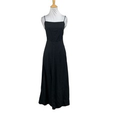 Enza Costa Dress Womens 2 Black French Linen Laced Open Back Square Neck Maxi
