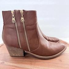 G By Guess Boots Womens Size 8.5 Brown Double Zip Ankle Block Heel Booties