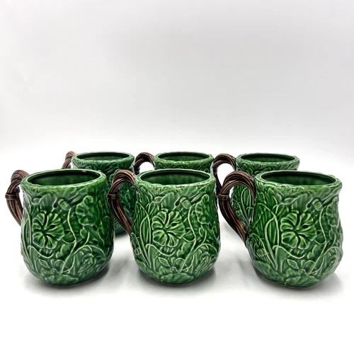 Set Of Six Cups Haldon Nasturtium Leaf Majolica Ceramic Mugs Vintage Twig Handle