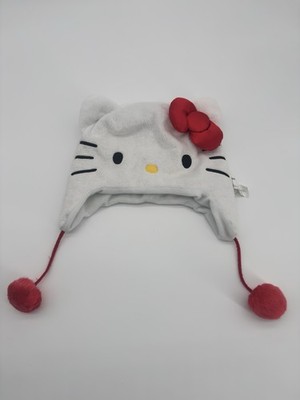 Hello Kitty Sanrio White Beanie Hat with Pom Poms and Satin Bow