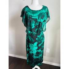 Connected Apparel Green Floral Blouson Midi Dress Women's 10 Formal Modest