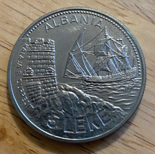 1987 Albania Republic 5-Leke Durazzo Coin, Durresit Castle & Sailing Ship