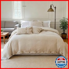 Simple Opulence 100 Linen Duvet Cover Set 3pcs Queen Size Coconut Button