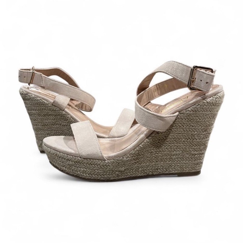 Allegra K Women's Beige Suede Wedge Espadrille Ankle Strap Buckle Sandals 9