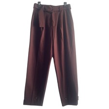 MANGO Belted Pleated Buttoned Hem Trousers Pants Size 6 Brown