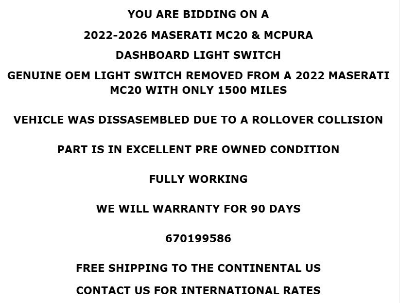 2022-2026 Maserati MC20 MCPura Dash Dashboard Light Lamp Switch Panel OEM
