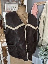 VTG 70s Sears Warm Brown Leather Vest 60s Shearling Suede Winter Outdoor Vest