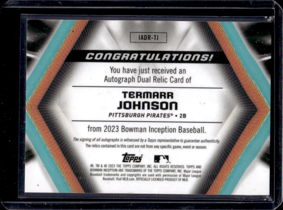 2023 Bowman Inception Termarr Johnson Auto Dual Relics #25/75 Pirates - Image 2 of 2