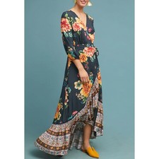 FARM RIO Majorca Wrap Dress Tropical Floral Polka Dot Print Maxi Ruffle SMALL