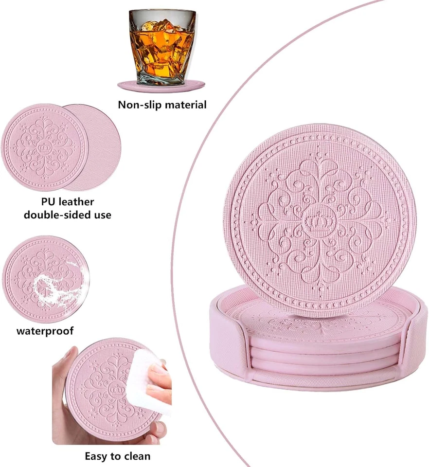 Set Di 4 Sottobicchieri Rotondi in Pelle PU per Bevande Con Supporto, Rosa Fatti - Immagine 3 di 4