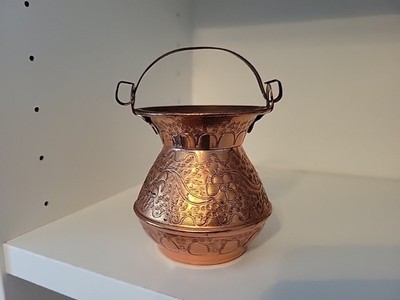 Vtg Hammered Etched Copper Pail signed Numbered Handle Pot Bucket Albania READ 