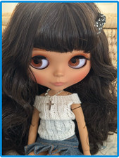 NEO Blythe Doll Custom Black Hair OOAK Matte Face Tan Skin BJD 12" Jointed Body