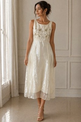 VTG CLAVIE Collection Ivory Embroidered Midi Dress Sheer Overlay Size M