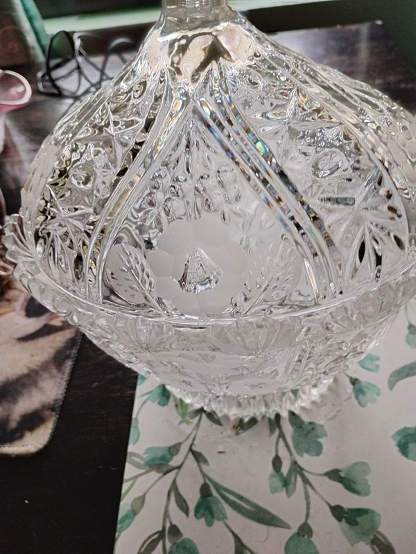 Vintage Cut Glass With Frosted Etched Flowers Crystal 11.5"X9.5"
