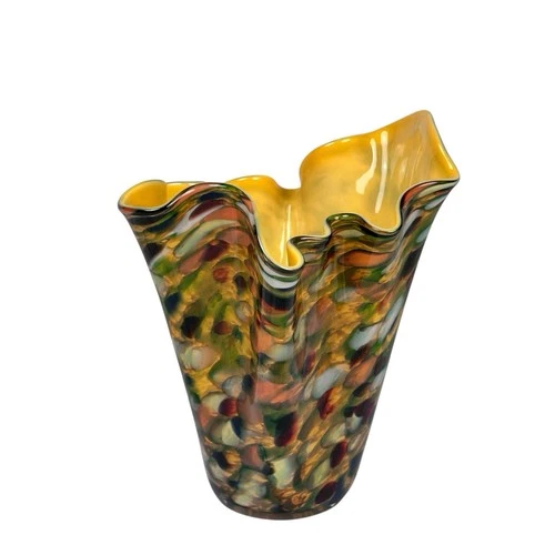 Mcm Polish Handkerchief Alicja Art Glass Large Vase, Multicolor Folded Yellow