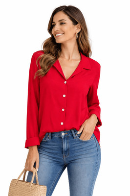 Susan Graver Style Red Button Front Blouse Medium Collared Top Workwear