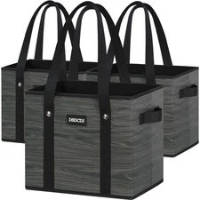 Reusable Grocery Bags Heavy Duty Foldable Box Shape Tote Reinforced Grey 3 PCS