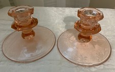 DEPRESSION GLASS CANDLESTICK HOLDERS IN PINK~SET OF TWO