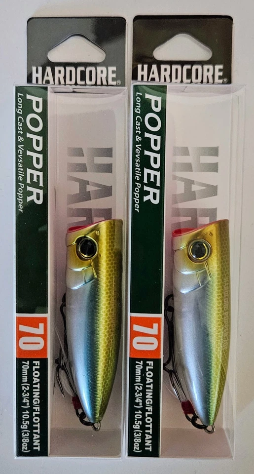 (Juego de 2) Señuelos Duel Hardcore Popper 70F Topwater 3/8oz 2-3/4" Ghost Pearl Shad Foto 3 de 4
