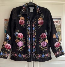 Indigo Moon Black Velvet Flowery Embroidered Lined Jacket Coat S M 10 12