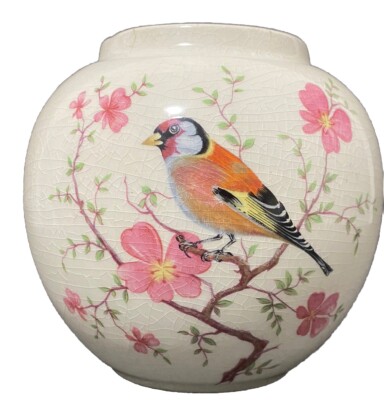Vintage Arthur Wood Vase Ginger Jar Goldfinch Apple Blossoms  #5874 1960's