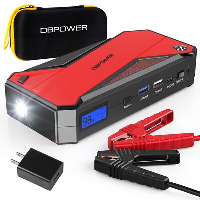 DBPOWER Jump Starter 2000A Compact 18000mAh LCD Power Bank with Clamps