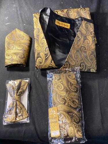 Oliver George Large Vest, Gold Paisley Tie, Pocket Hanky, Bow Tie, Set, MSRP $40 - Picture 6 of 6