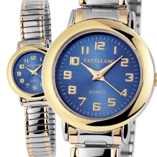 Decente orologio da donna Excellanc blu argento oro cinturino acciaio inox flessibile stretch - Foto 1 di 2
