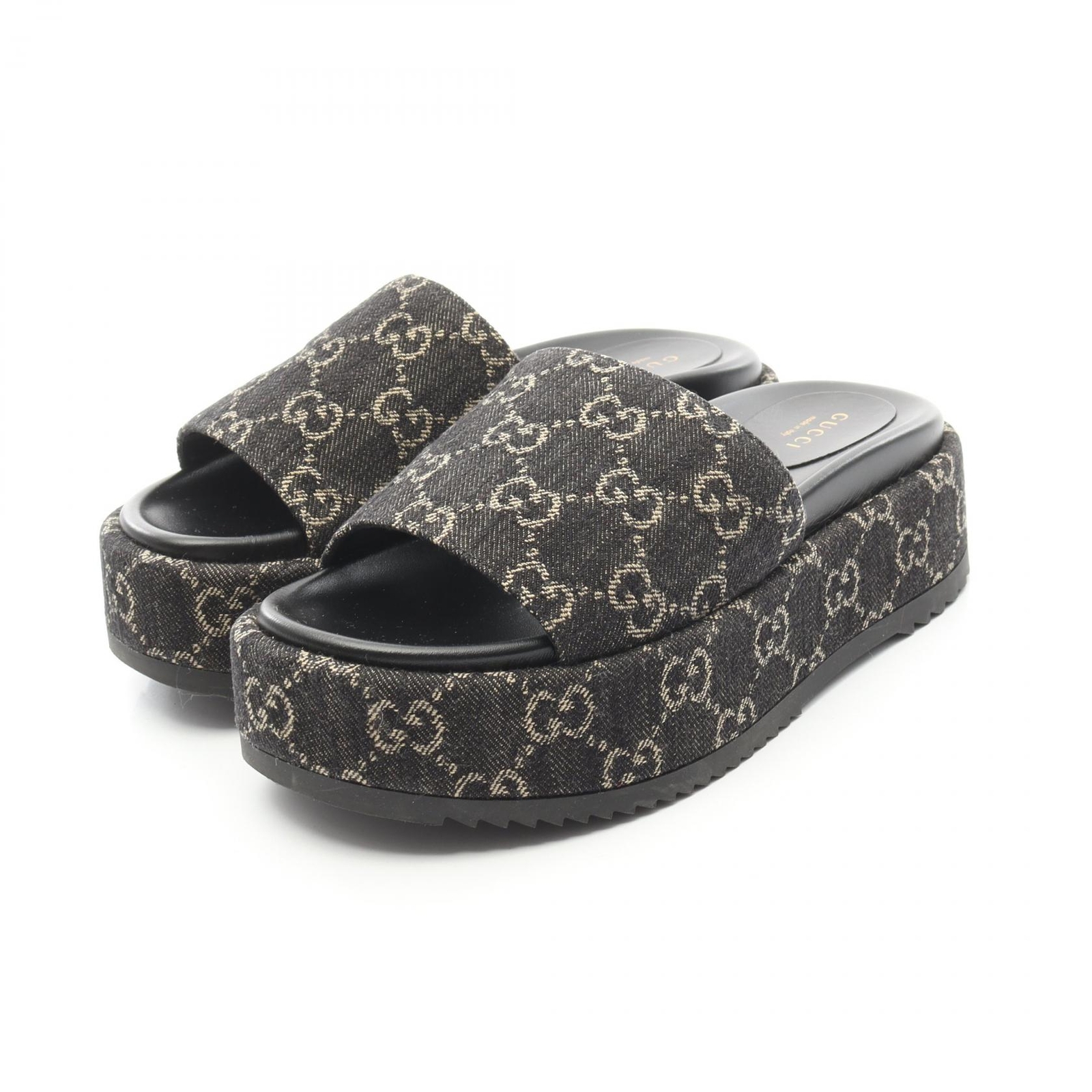 GUCCI Black GG Canvas Leather Wedge Sandals Mules Size 36 Pre-Owned-image