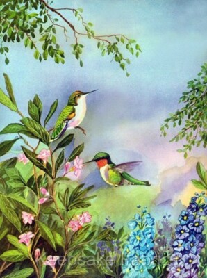 Hummingbirds Floral Garden Cotton Crazy Quilt Block Multi Szs