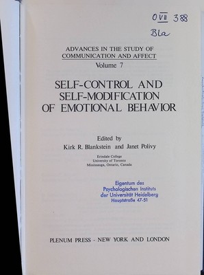 Self-Control and Self-Modification of Emotional Behavior. Advances in the Study 