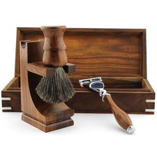 4 Piece Wooden Shaving Set with 5 Edge Razor, Brush, 2 in 1 Stand  Wooden Box