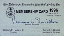 Railway Locomotive Historical Society Inc Membership Card Railroad Paid Due 1996